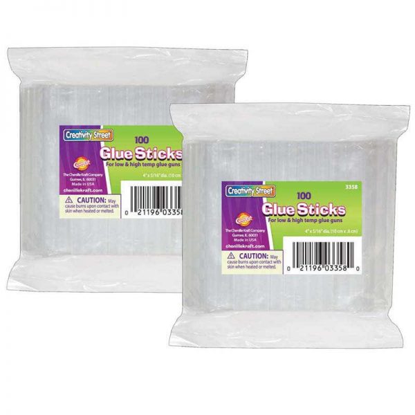 Creativity Street® Hot Glue Sticks Classroom Pack, Clear, 4" x 0.27", 100 Pieces Per Pack, 2 Packs