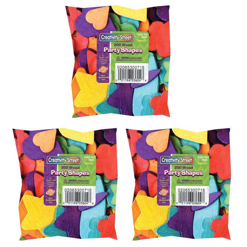 Creativity Street® Wood Party Shapes, Assorted Colors, 1/2" to 2", 200 Per Pack, 3 Packs