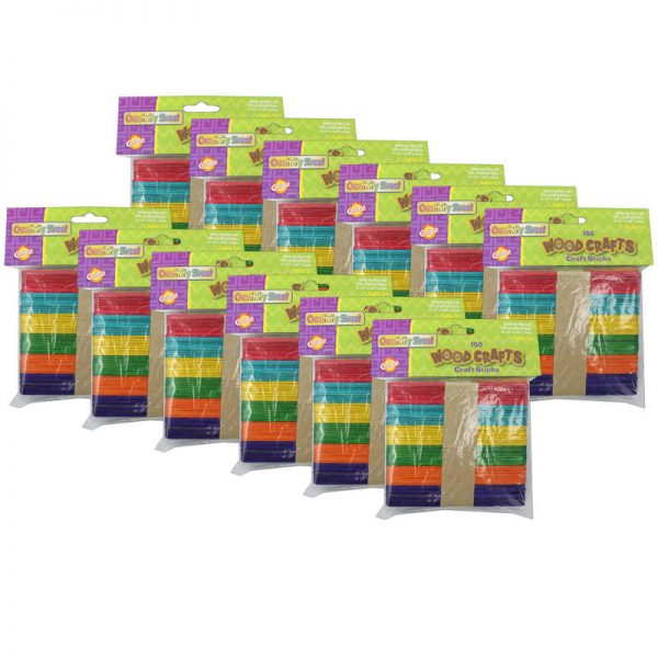Creativity Street® Regular Craft Sticks, Bright Hues Assorted, 4 1/2" x 3/8" x 2mm, 150 Per Pack, 12 Packs