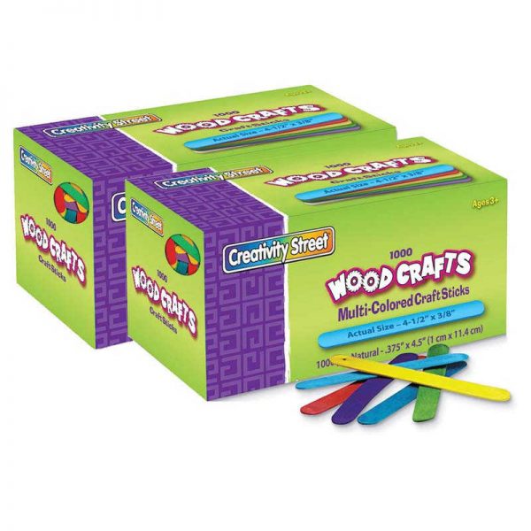 Creativity Street® Regular Craft Sticks, Bright Hues Assorted, 4-1/2" x 3/8", 1000 Per Pack, 2 Packs