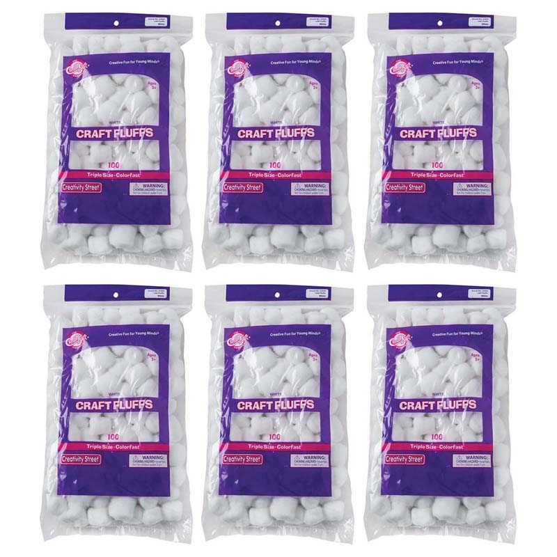 Creativity Street® Triple Size Craft Fluffs, White, Approx. 1", 100 Pieces Per Pack, 6 Packs