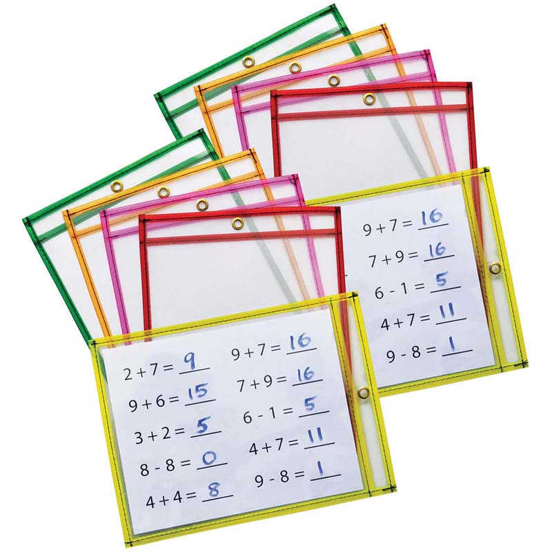Pacon® Dry Erase Pockets, 5 Assorted Neon Colors, 9" x 12", 10 Pockets Per Pack, 2 Packs