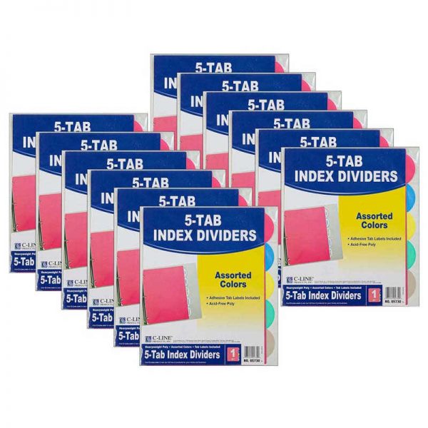 C-Line® Poly Index Dividers, 5 Tabs, Assorted Colors, 12 Packs