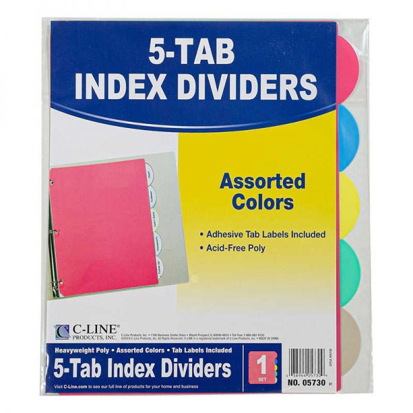 C-Line® C-Line® 5-Tab Poly Index Dividers w/Slant Pocket, Asstd Colors
