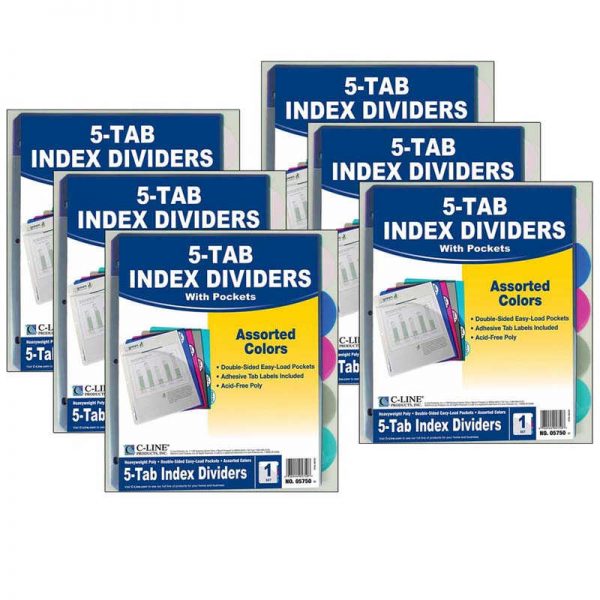C-Line® 5-Tab Poly Index Dividers w/Slant Pocket, Assorted Colors, 5 Per Pack, 6 Packs