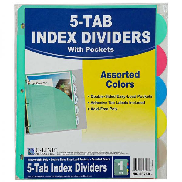 C-Line® C-Line® 5-Tab Poly Index Dividers w/Slant Pocket, Asstd Colors