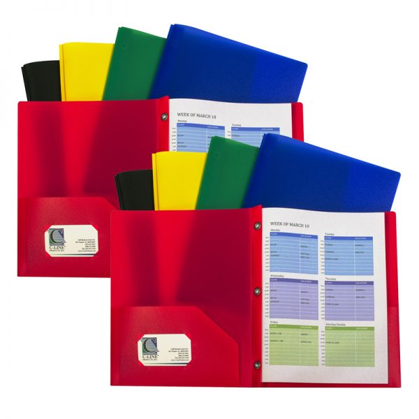 C-Line® Two-Pocket Heavyweight Poly Portfolio Folder with Prongs, Assorted Primary Colors, 10 Per Pack, 2 Packs