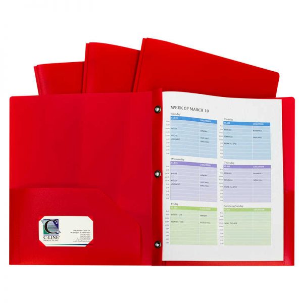 C-Line® Two-Pocket Heavyweight Poly Portfolio Folder with Prongs, Red, Pack of 10