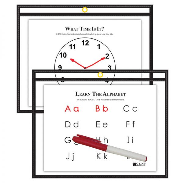 C-Line® Reusable Dry Erase Pockets, 9" x 12", Black