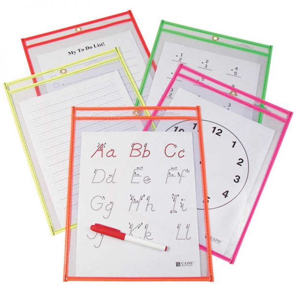 C-Line® Reusable Dry Erase Pockets, Neon Colors, 9 x 12, Pack of 10