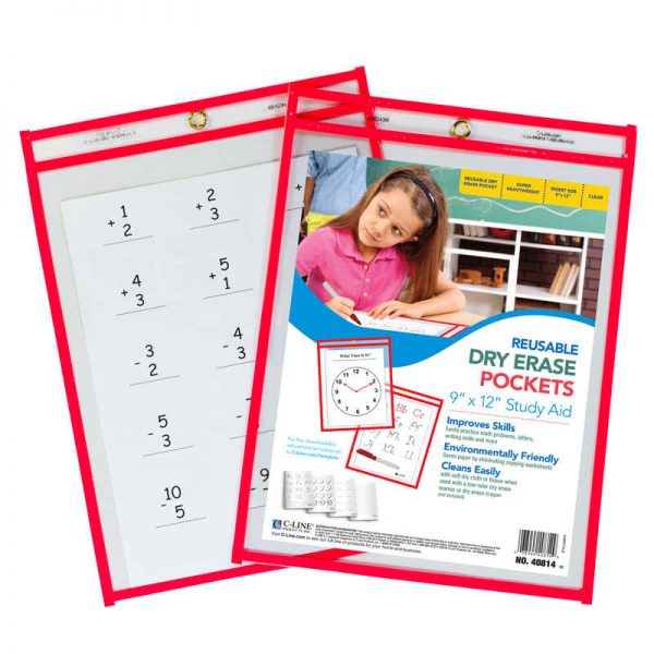 C-Line® C-Line® Reusable Dry Erase Pocket, Red Neon, 9" x 12", 1/pkg