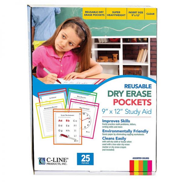 C-Line® Reusable Dry Erase Pockets, Neon Colors, 9 x 12, Pack of 25