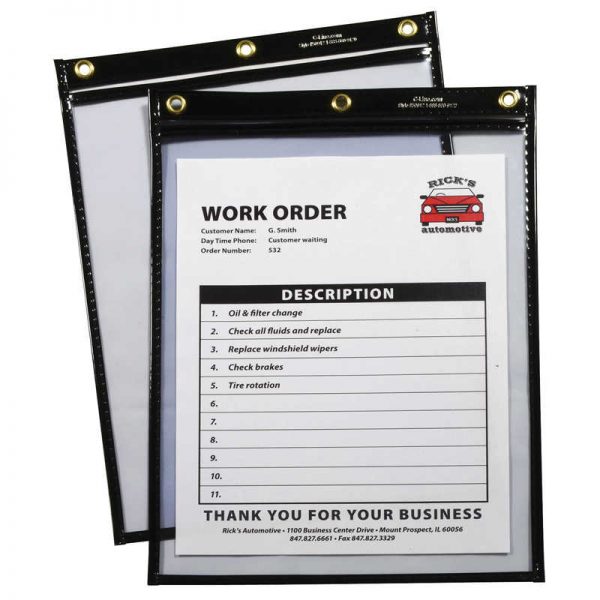 C-Line® Super Heavyweight Plus Shop Ticket Holder, Stitched, Both Sides Clear, Black, 9" x 12", Box of 15