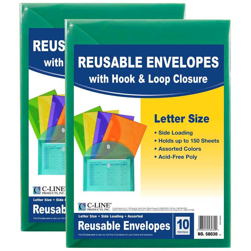 C-Line® XL Reusable Envelopes, Hook and Loop Closure, 8 1/2 x 11, Assorted Colors, 10 Per Pack, 2 Packs