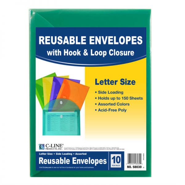 C-Line® XL Reusable Envelopes, Hook and Loop Closure, 8 1/2 x 11, Assorted Colors, Pack of 10