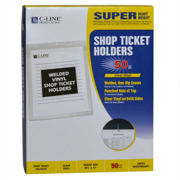C-Line® Vinyl Shop Ticket Holders, Welded, Both Sides Clear, 8-1/2" x 11", Box of 50