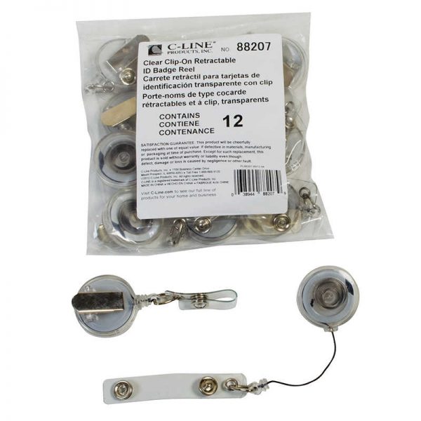 C-Line® Retracting ID Card Reels, Spring Clip, Clear, Pack of 12