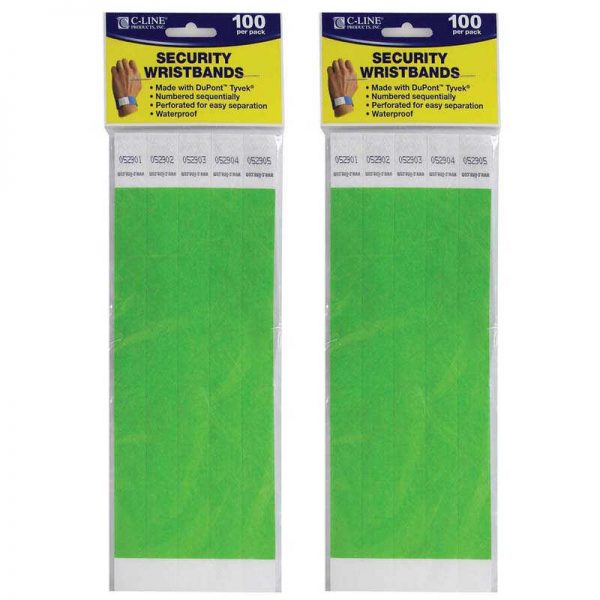 C-Line® DuPont™ Tyvek® Security Wristbands, Green, 100 Per Pack, 2 Packs