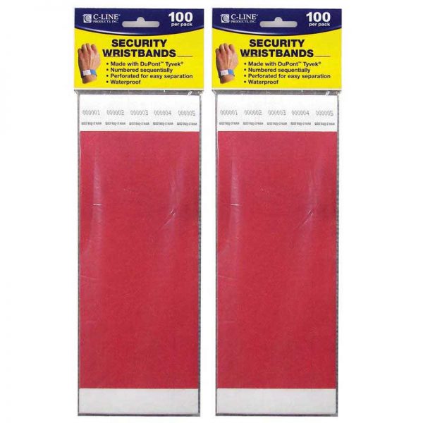 C-Line® DuPont™ Tyvek® Security Wristbands, Red, 100 Per Pack, 2 Packs