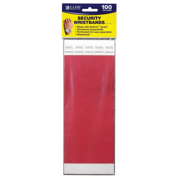 C-Line® DuPont™ Tyvek® Security Wristbands, Red, 100/Pack