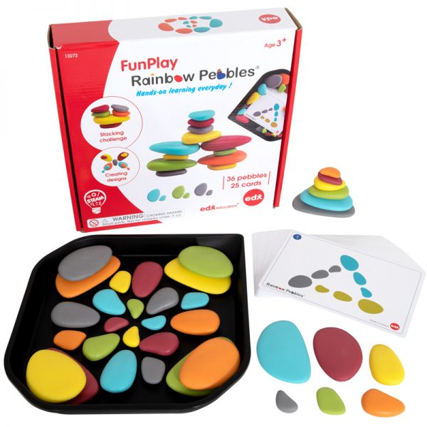 Edx Education® FunPlay Rainbow Pebbles - Homeschool Kit for Kids - 36 Sorting and Stacking Toys + 50 Activities + Messy Tray