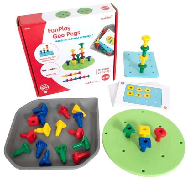 Edx Education® FunPlay Geo Pegs - Homeschool Kit for Toddlers - 18m+ - 24 Plastic Pegs + 2 Pegboards + 50 Activities + Messy Tray