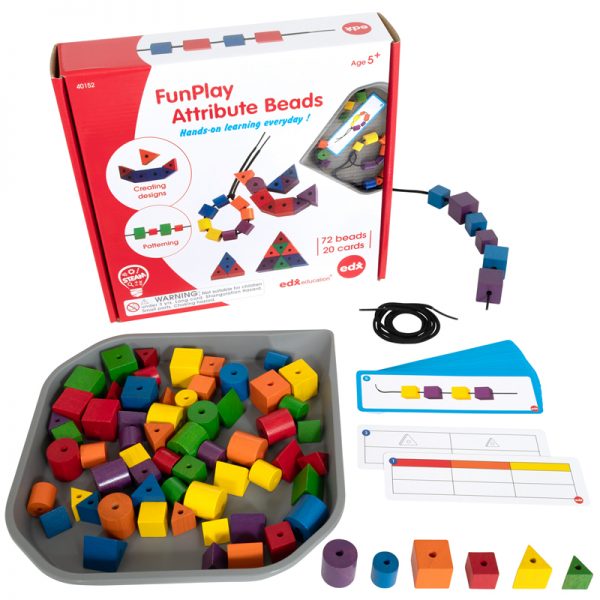 Edx Education® FunPlay Attribute Beads - Homeschool Kit for Kids - 72 Wooden Lacing Beads + 2 Laces + 40 Activities + Messy Tray