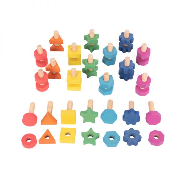 TickiT® Rainbow Wooden Nuts & Bolts - Set of 21 Pairs - 7 Shapes and Colors - For Ages 12m+ - Loose Parts Wooden Toys for Toddlers and Preschoolers