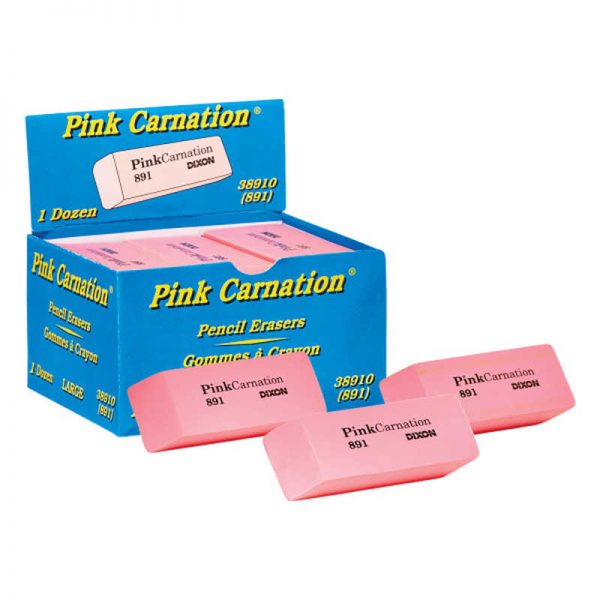 Dixon® Pink Carnation Erasers, Large, 2-9/16 x 1 x 7/16, Pack of 12