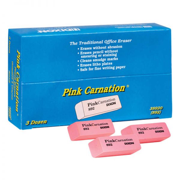 Dixon® Pink Carnation Erasers, Small, 2 x 3/4 x 7/16, Pack of 36