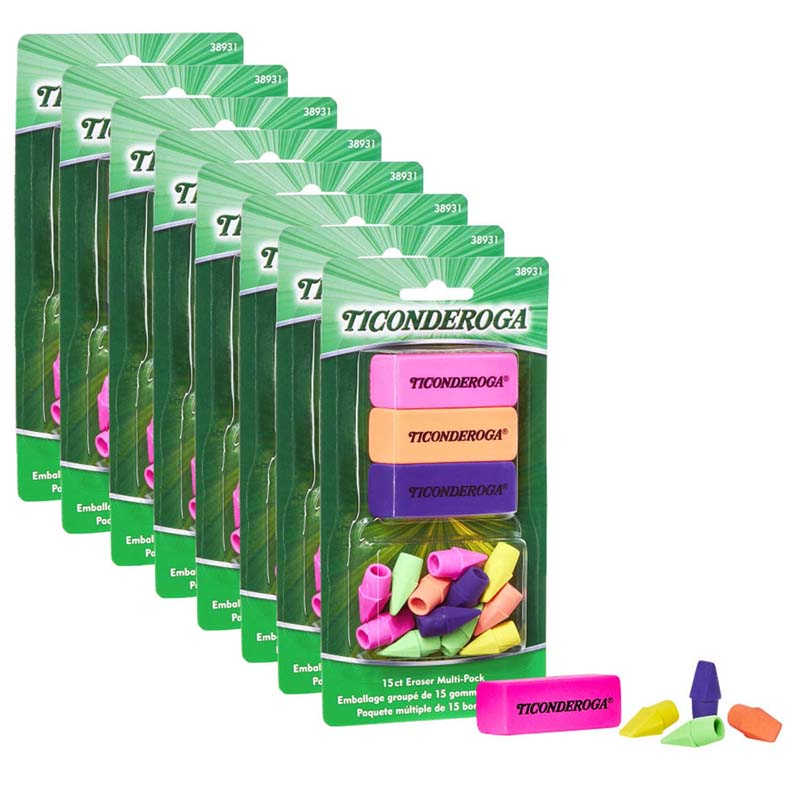 Dixon® Eraser Combo Set, Neon, Beveled & Wedge Caps, 8 Sets