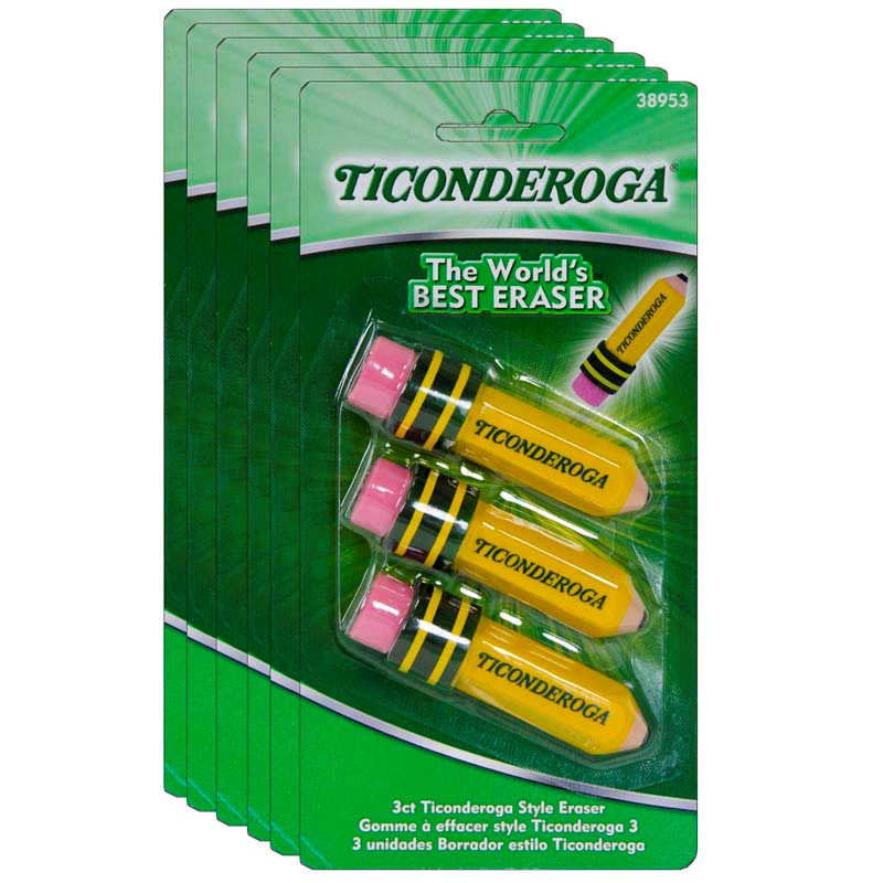 TeachersParadise Ticonderoga® Erasers, Pencil Shaped, Yellow, 3 Per