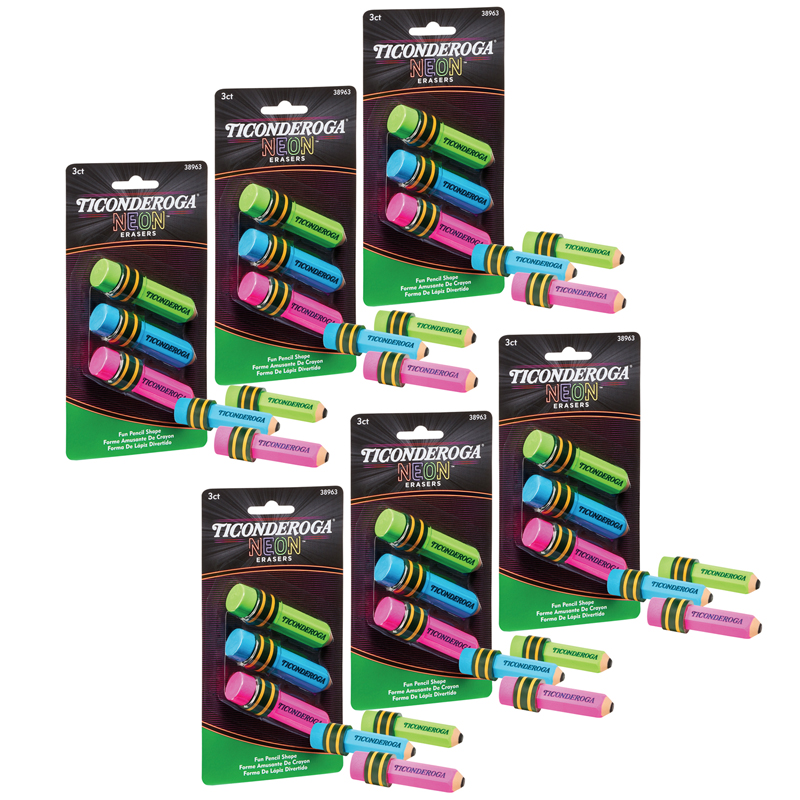 Ticonderoga - Pencil Shaped Neon Erasers, 3 Count