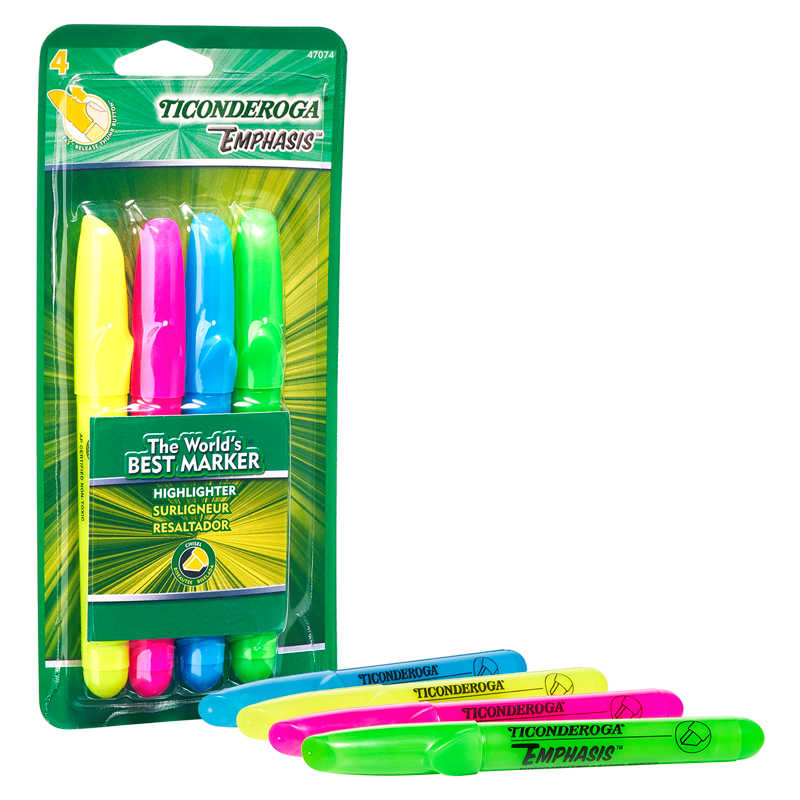 Ticonderoga® Emphasis™ Highlighters, Desk Style, Chisel Tip, 4 Assorted Colors