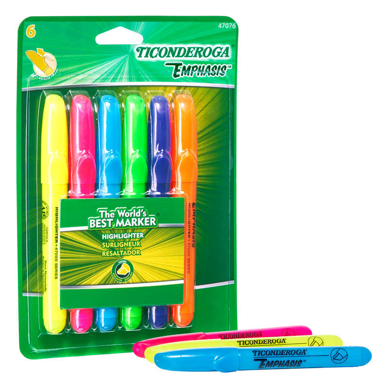 Ticonderoga® Emphasis™ Highlighters, Desk Style, Chisel Tip, 6 Assorted Colors