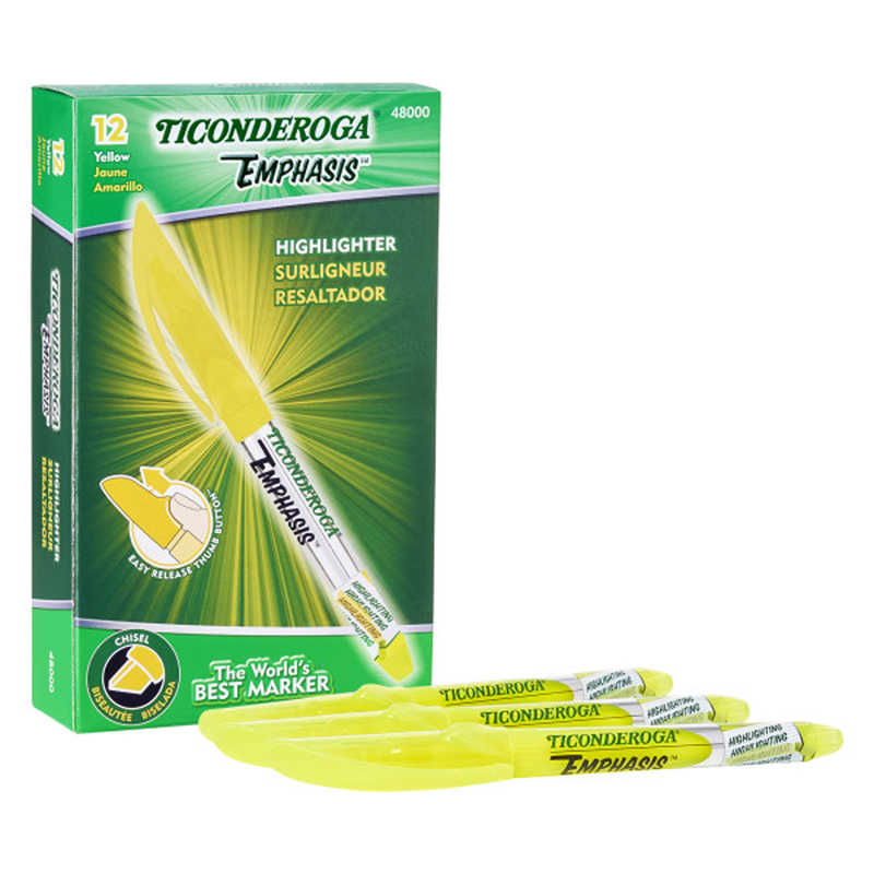 Ticonderoga® Emphasis™ Pocket Style Highlighters, Yellow, Box of 12