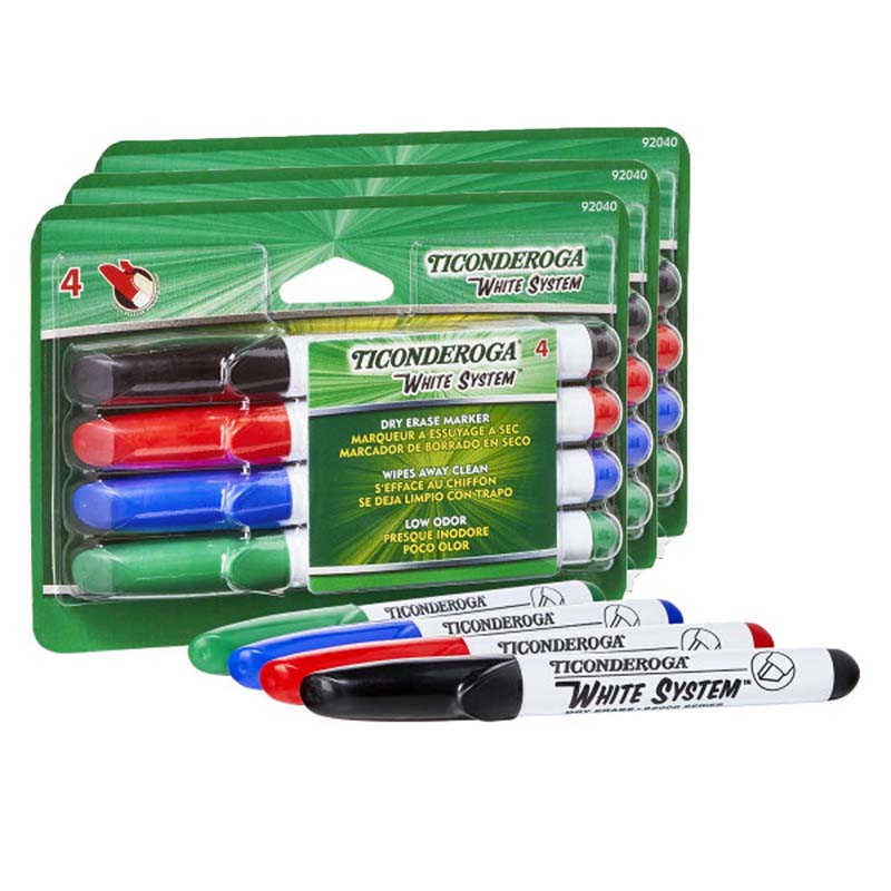 Ticonderoga® Dry Erase Markers, Chisel Tip, 4 Assorted Colors Per Pack, 3 Packs