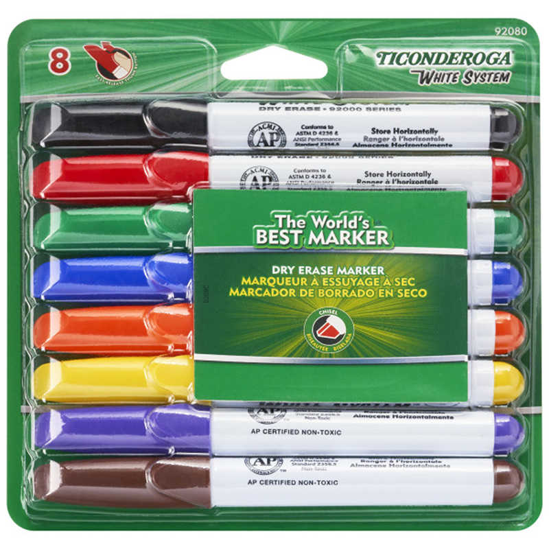 Ticonderoga® Dry Erase Markers, Chisel Tip, 8 Assorted Colors