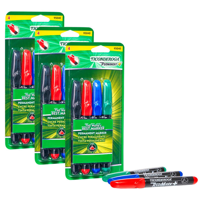 Ticonderoga® RediMark+® Chisel Tip Permanent Markers, 4 Colors Per Set, 3 Sets