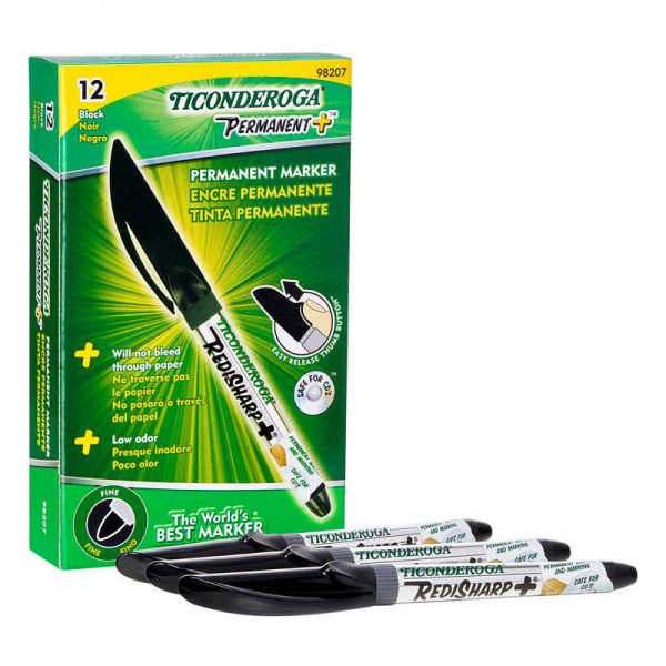 Ticonderoga® RediSharp+® Fine Point Permanent Markers, Black, Pack of 12