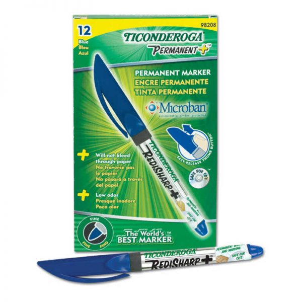 Ticonderoga® RediSharp+® Fine Point Permanent Markers, Blue, Pack of 12
