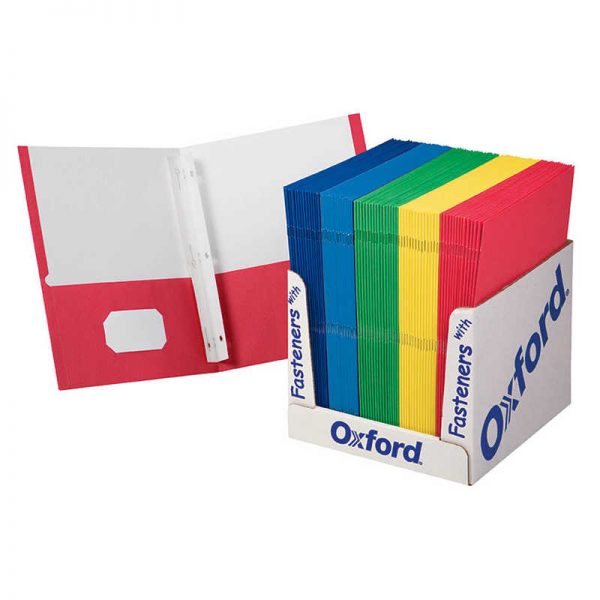 Oxford® School Grade Twin Pocket Folder with Fasteners, Pack of 100