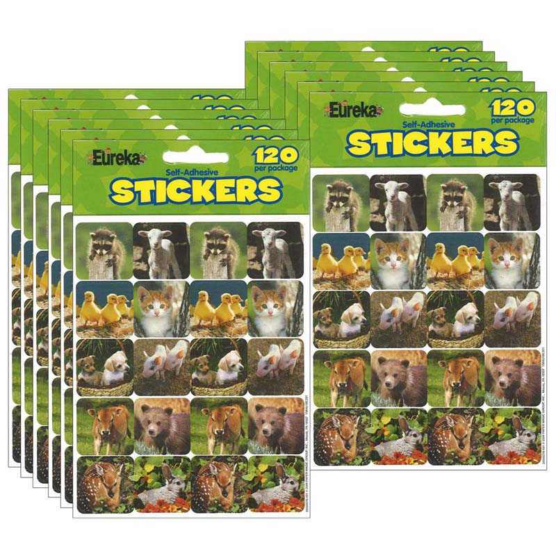 Eureka® Baby Animals Theme Stickers, 120 Per Pack, 12 Packs