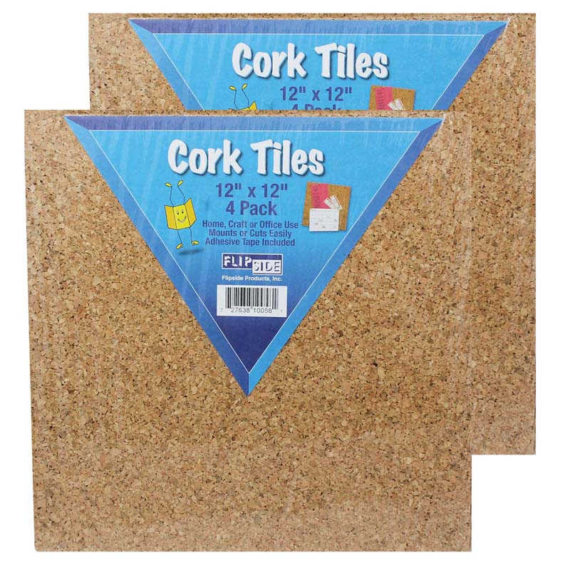 Flipside Natural Cork Tiles, 12" x 12", 4 Per Pack, 2 Packs