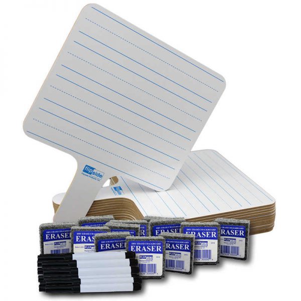 Flipside Two-Sided Rectangular Dry Erase Writing Paddles, Pens, and Erasers, Class Pack of 12
