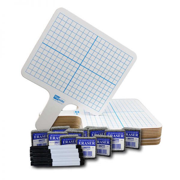 Flipside Two-Sided Rectangular Dry Erase Graphing Paddles, Pens, and Erasers, Class Pack of 12