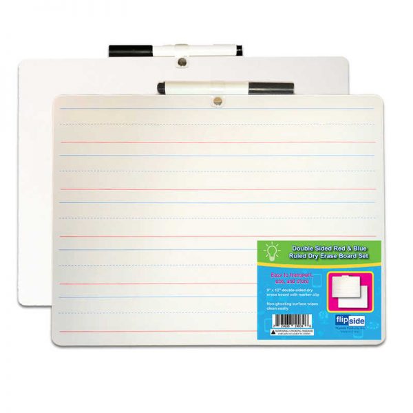 Flipside Two-Sided Primary Ruled/Blank Dry Erase Board with Attached Marker, 9" x 12", Single