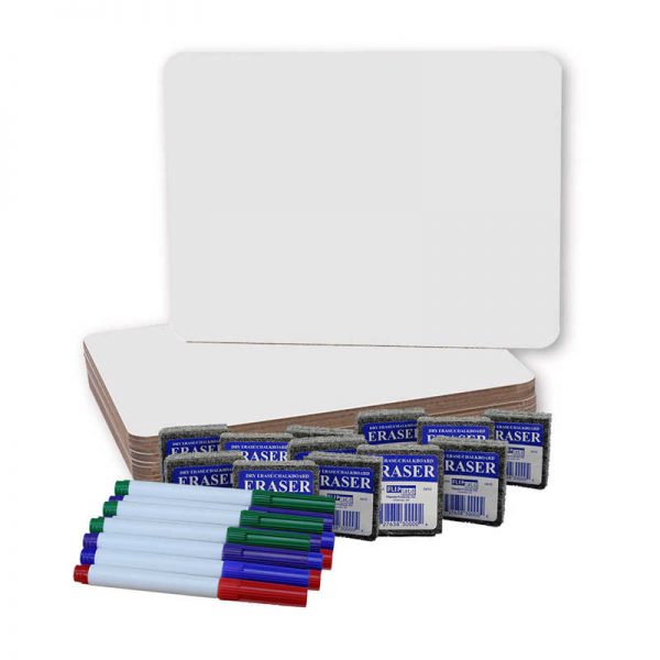 Flipside Dry Erase Boards (9" x 12") with Colored Pens & Erasers, Set of 12