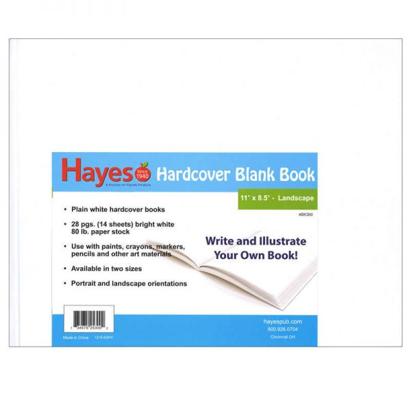 Hayes Plain white hardcover blank book, 28 pages (14 sheets) Measures 11"w x 8.5"h
