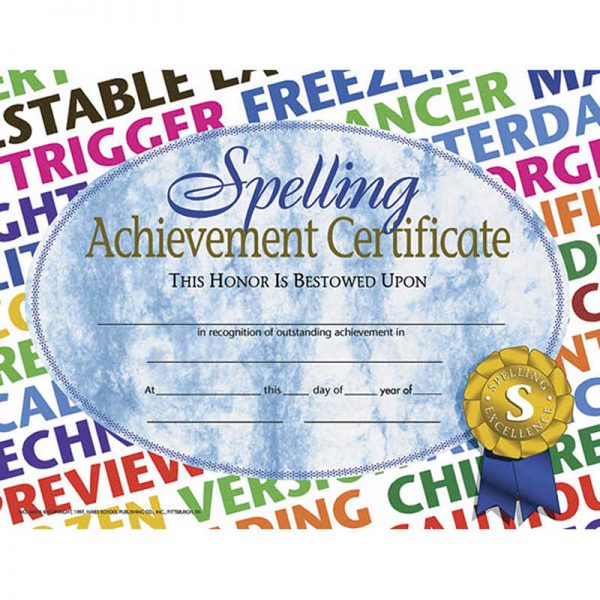 Hayes Spelling Achievement Certificate, 8.5" x 11", Pack of 30